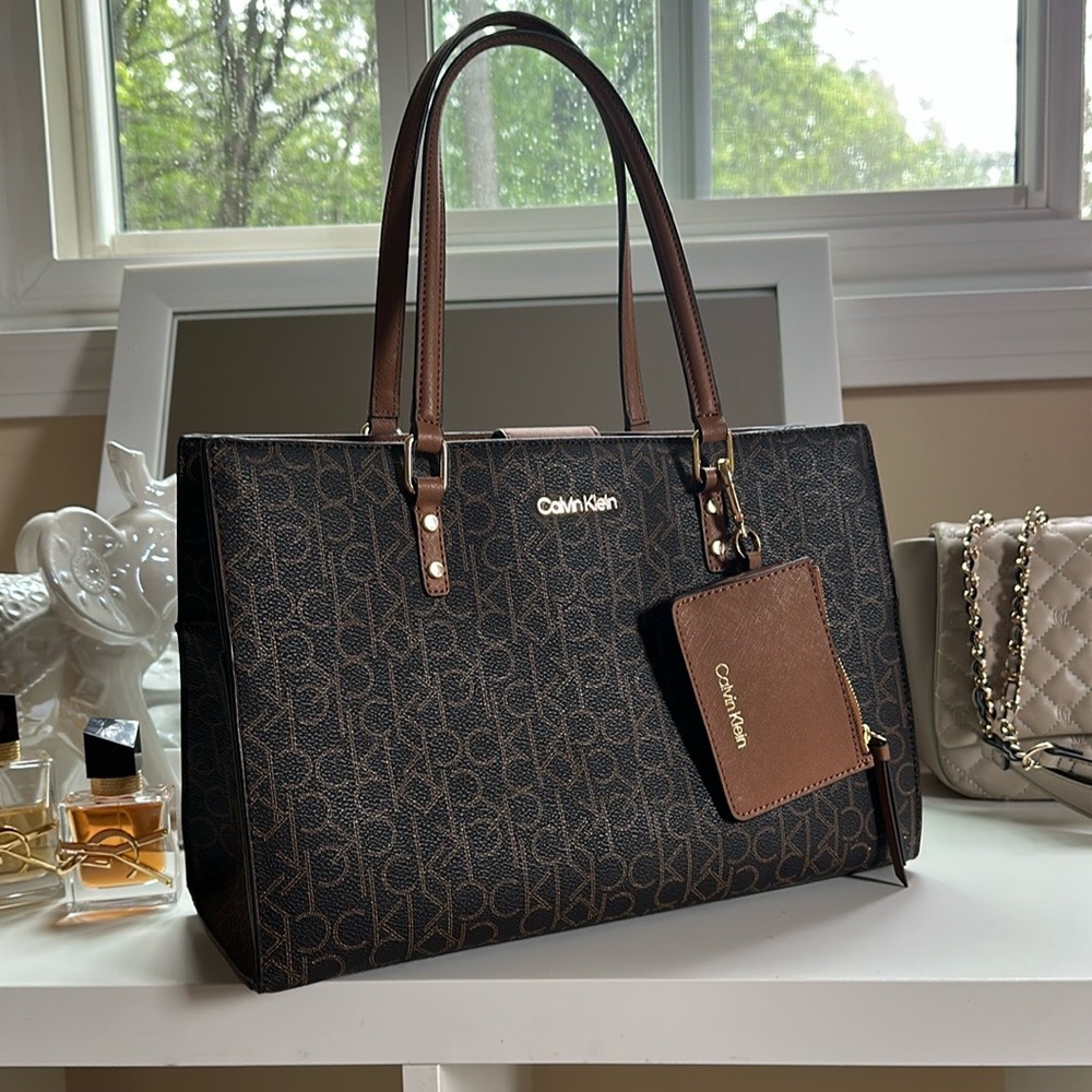 Calvin Klein Brown Tote Bag with Leather Trim